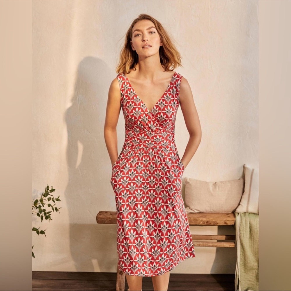 Boden Effie V-neck Jersey Midi Dress Red Size 14R Pockets Casual Viscose